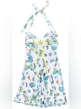 ABS Vintage Y2K Butterfly Print Halter Mini Dress Blue White - US 6 / UK 10